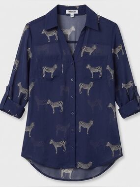 Express Zebra Print Blouse The Portofino Shirt - Sheer - Size XS - Electric Blue